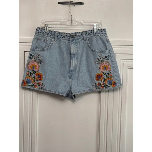 Farm Rio Denim Blue Summer Garden Embroidered Denim Shorts - Picture 3 of 7
